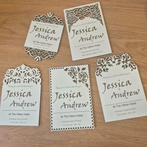 Personalised Laser Cut Wedding Invitations – Elegant Wedding Invites, Custom Names & Details, 5 Designs, White MDF Wedding Stationery, A6 Size, With or Without Envelopes