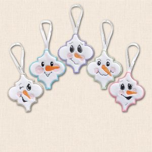 Five white felt arabesque snowman Christmas ornaments with expressive faces, colourful embroidered borders and white hanging ribbons.