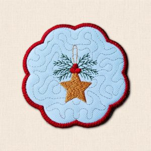 White fabric Christmas candle coaster with a golden embroidered star, green foliage, red berries and a scalloped red border.