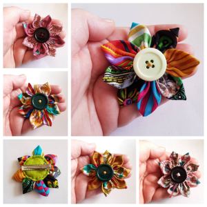 Collage of colourful handmade fabric flower hair clips with button centres, including a reverse view showing the metal hair clip and felt backing.