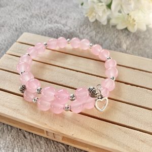 Pink Glass Bead Memory Wire Bracelet With Heart Charm