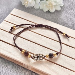 Adjustable Flower Connector Bracelet with Wooden and Gold Plated Beads