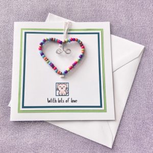 Handmade 'With lots of love' Cat Card with Beaded Heart Keepsake
