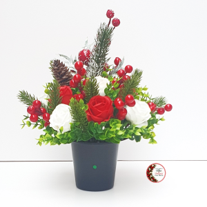 Christmas Grave Flowers - Artificial Memorial Arrangement Pot, Red & White Mini Roses - Cone