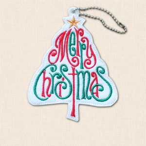 White felt Christmas tree decoration with red and green 'Merry Christmas' lettering, a golden embroidered star and silver-tone ball chain.