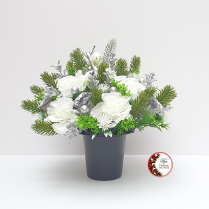 Christmas Grave Flowers - Artificial Memorial Arrangement Pot, White Carnations/Silver Roses