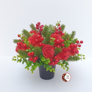 Christmas Grave Pot Arrangement: Red Rose Buds, Red Berries, Spruce and Foliage