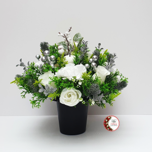 Christmas Grave Pot Arrangement: White Carnations, Ivory Rose Buds and Silver