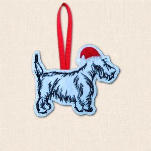 Embroidered Scottish Terrier felt Christmas decoration with black coat stitching, a red Santa hat and a red hanging ribbon.