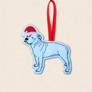 Embroidered Staffordshire Bull Terrier felt Christmas decoration wearing a red Santa hat, with dark stitched details and a red hanging ribbon.