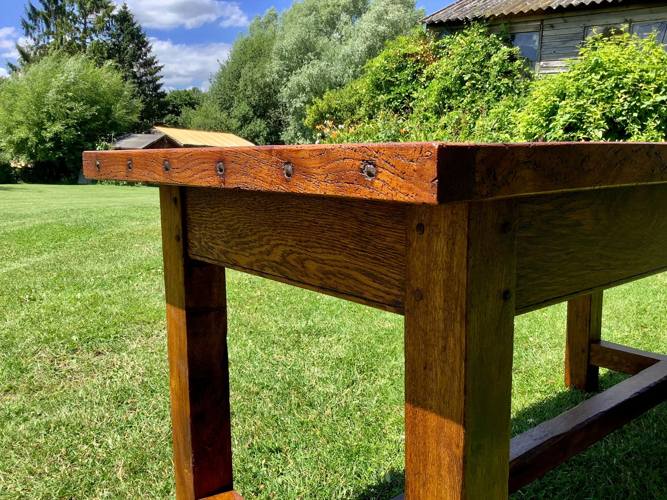 Oak and Elm plank top dining refectory table - Image 7