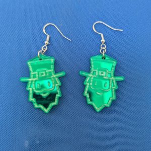 Green Mirror Acrylic Leprechaun Earrings – Unique, Handcrafted Statement Jewelry