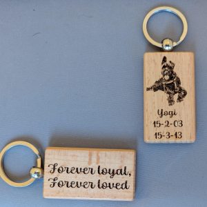 Double-Sided Wooden Pet Keyring – Engraved with Photo, Name & Phrase