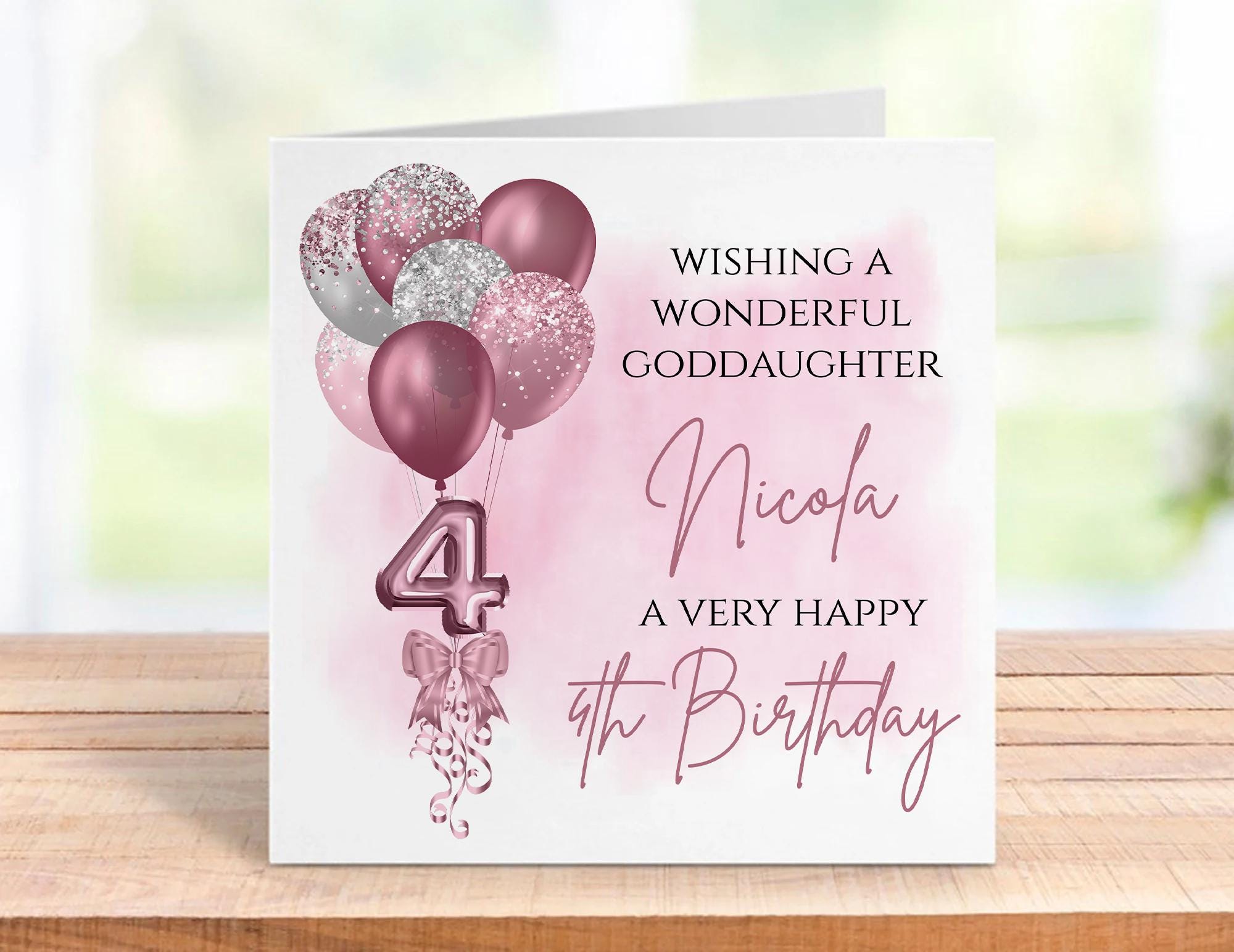 Personalised 4th Birthday Card for a Girl | Daughter, Granddaughter or Niece | Pink Balloons - Image 2