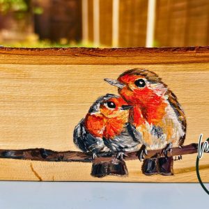 Companion Robins hand painted natural wood slice
