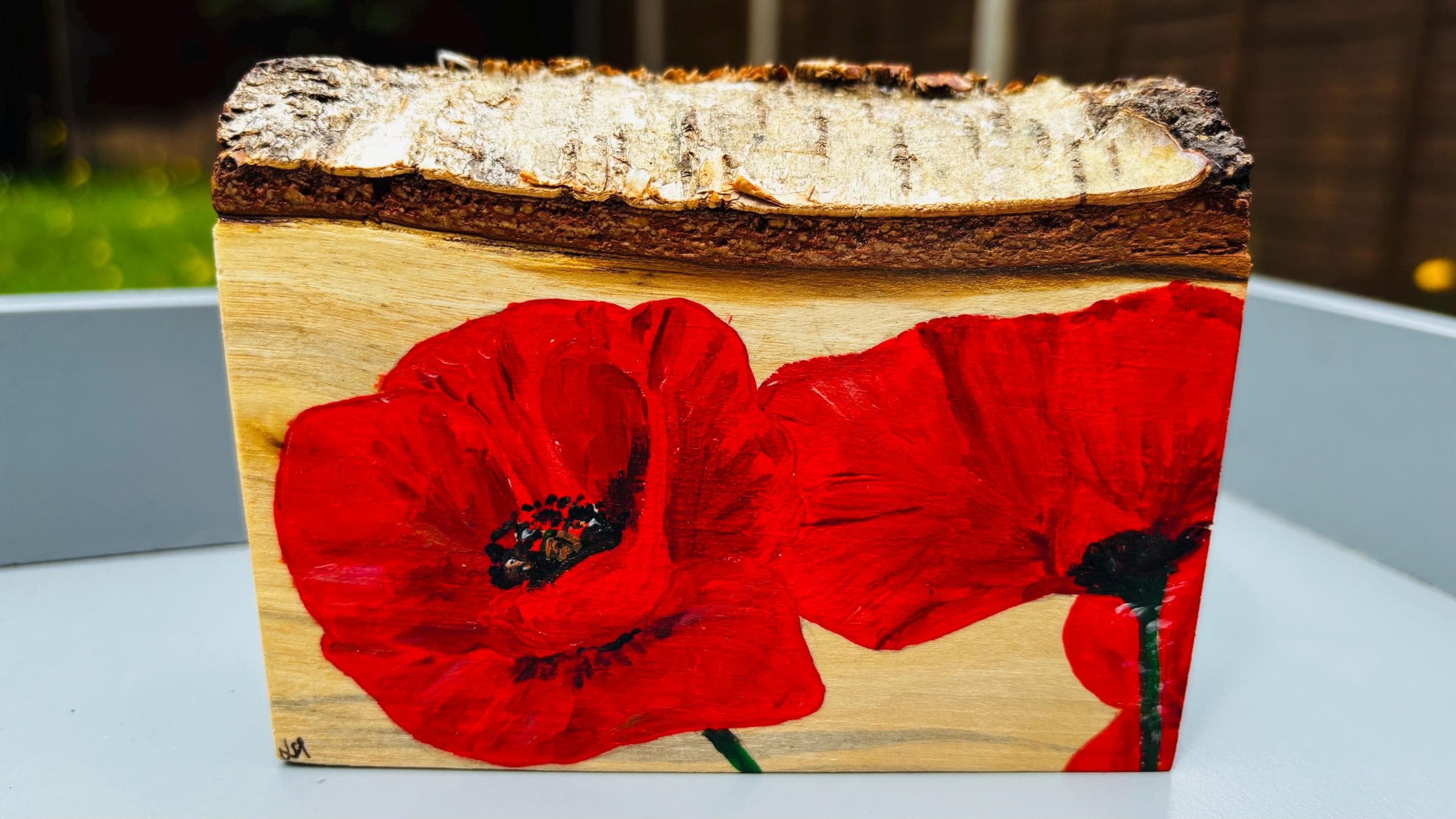 Red Poppies - handpainted original art, wood slice, floral meadow art, uk - Image 3