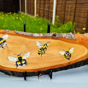 Buzzy Bees in flight - handpainted original art, wood slice, wildlife animal art, uk