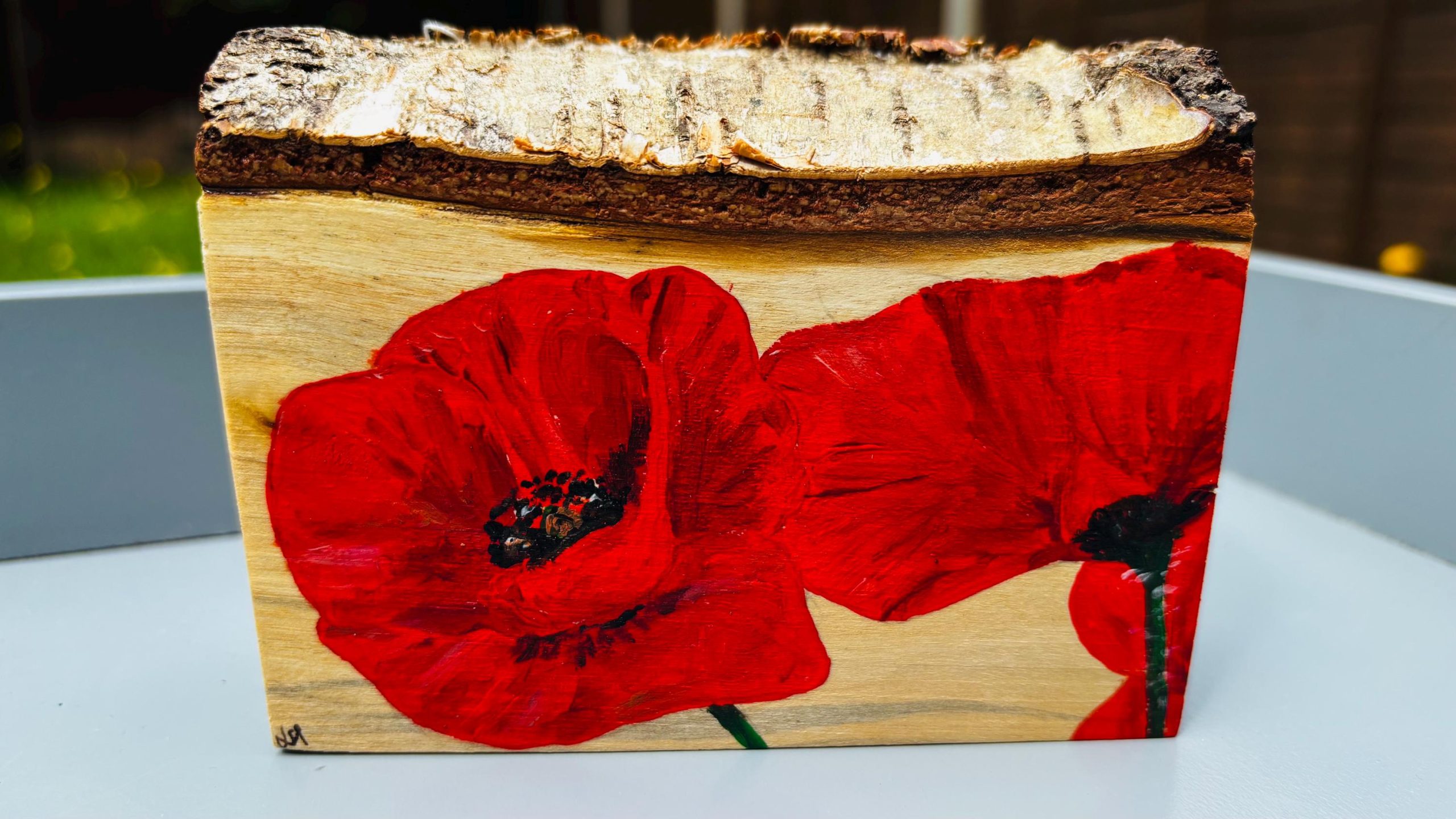 Red Poppies - handpainted original art, wood slice, floral meadow art, uk - Image 2