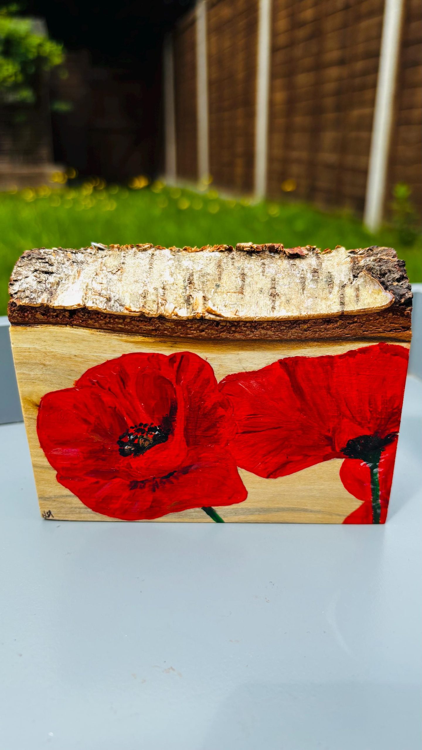 Red Poppies - handpainted original art, wood slice, floral meadow art, uk