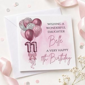 Personalised 11th Birthday Card for a Girl | Daughter, Granddaughter or Niece | Pink Balloons