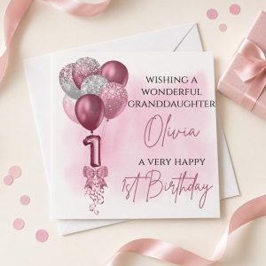 Personalised 1st Birthday Card for a Girl | Daughter, Granddaughter or Niece | Pink Balloons