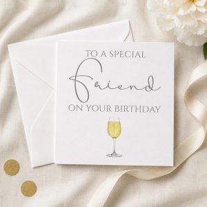 Friend Birthday Card, Elegant Wine Glass Design, Blank Inside