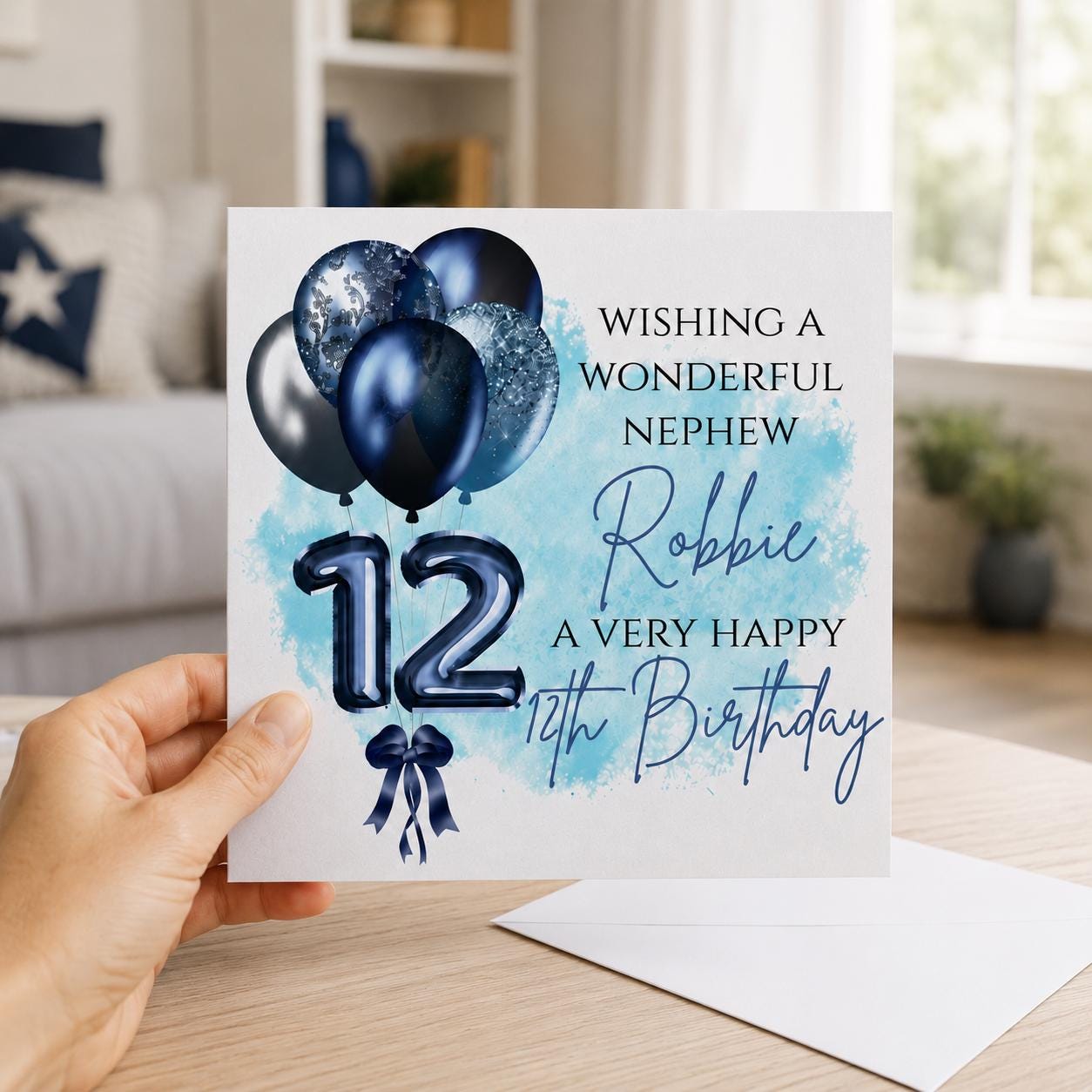 Personalised 12th Birthday Card for a Boy | Son, Grandson or Nephew | Blue Balloons - Image 4