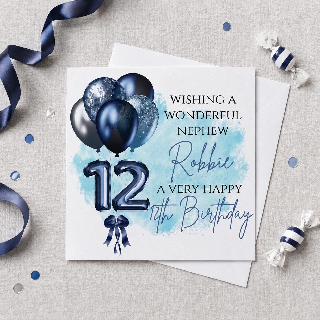 Personalised 12th Birthday Card for a Boy | Son, Grandson or Nephew | Blue Balloons