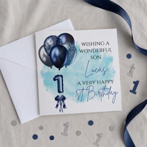 Personalised 1st Birthday Card for a Boy | Son, Grandson or Nephew | Blue Balloons
