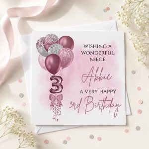 Personalised 3rd Birthday Card for a Girl | Daughter, Granddaughter or Niece | Pink Balloons
