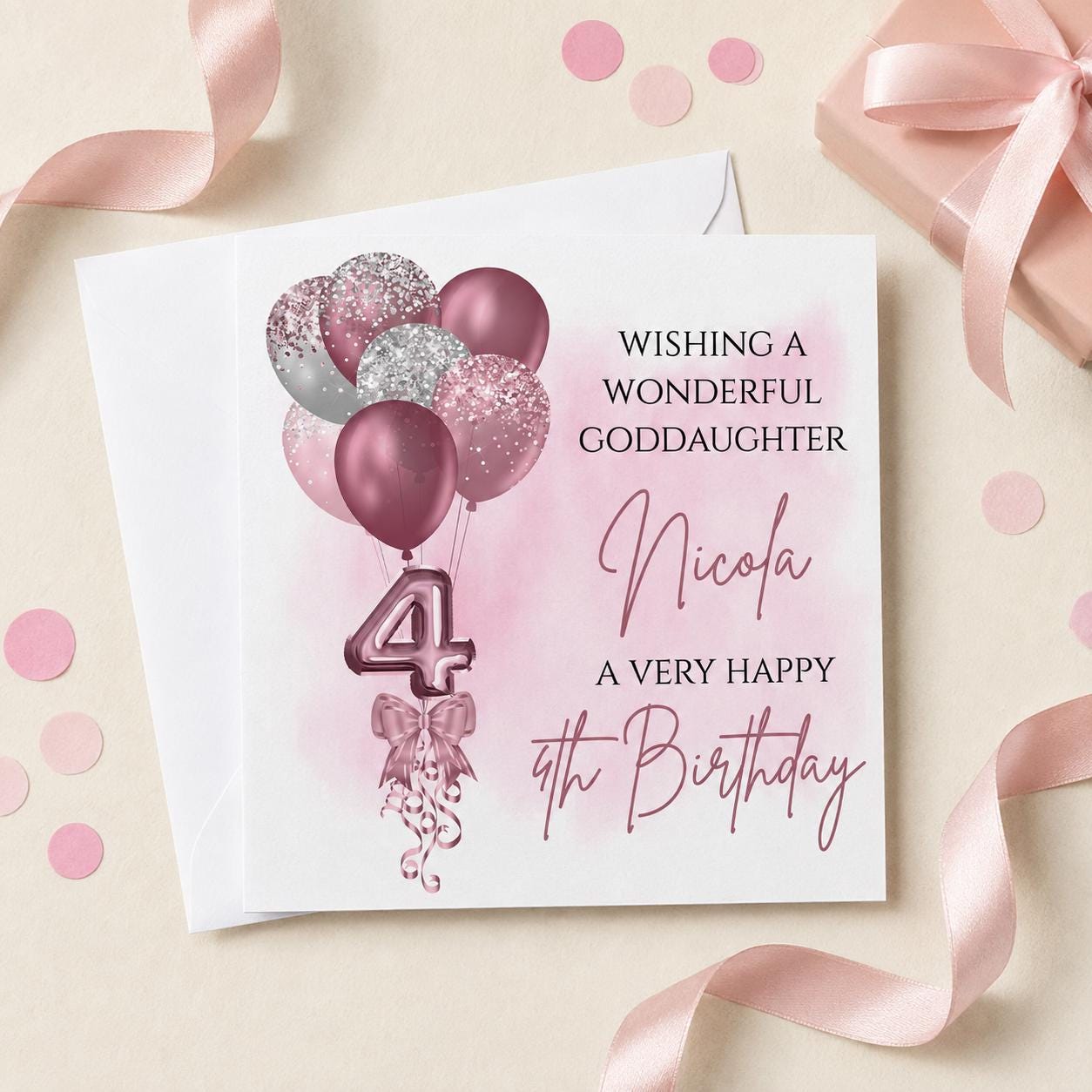 Personalised 4th Birthday Card for a Girl | Daughter, Granddaughter or Niece | Pink Balloons