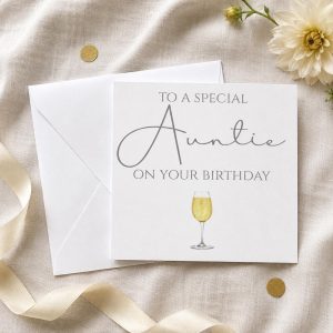 Auntie Birthday Card, Elegant Wine Glass Design, Blank Inside