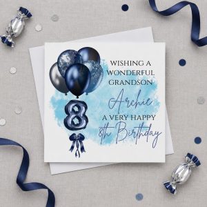 Personalised 8th Birthday Card for a Boy | Son, Grandson or Nephew | Blue Balloons