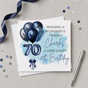 Personalised 70th Birthday Card for Him | Dad, Grandad or Husband | Blue Balloons