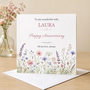 Personalised Anniversary Card for Wife | Watercolour Wildflowers | Any Name