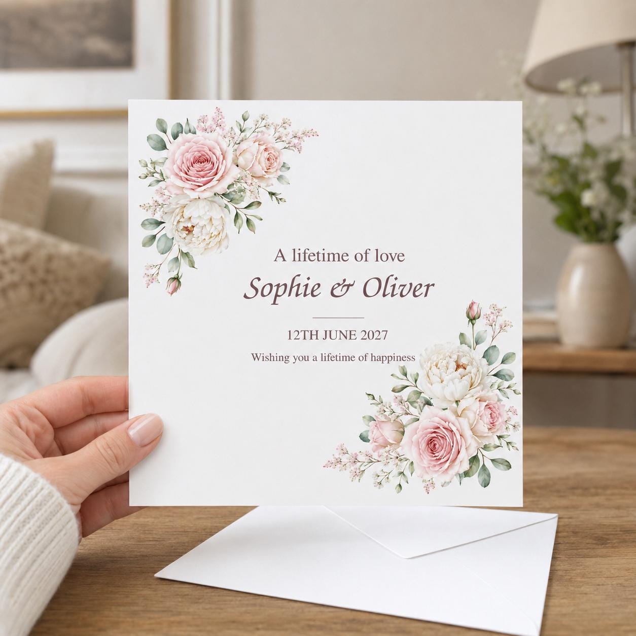 Personalised Wedding Card | Blush Pink Roses & Peonies | Names & Date - Image 7