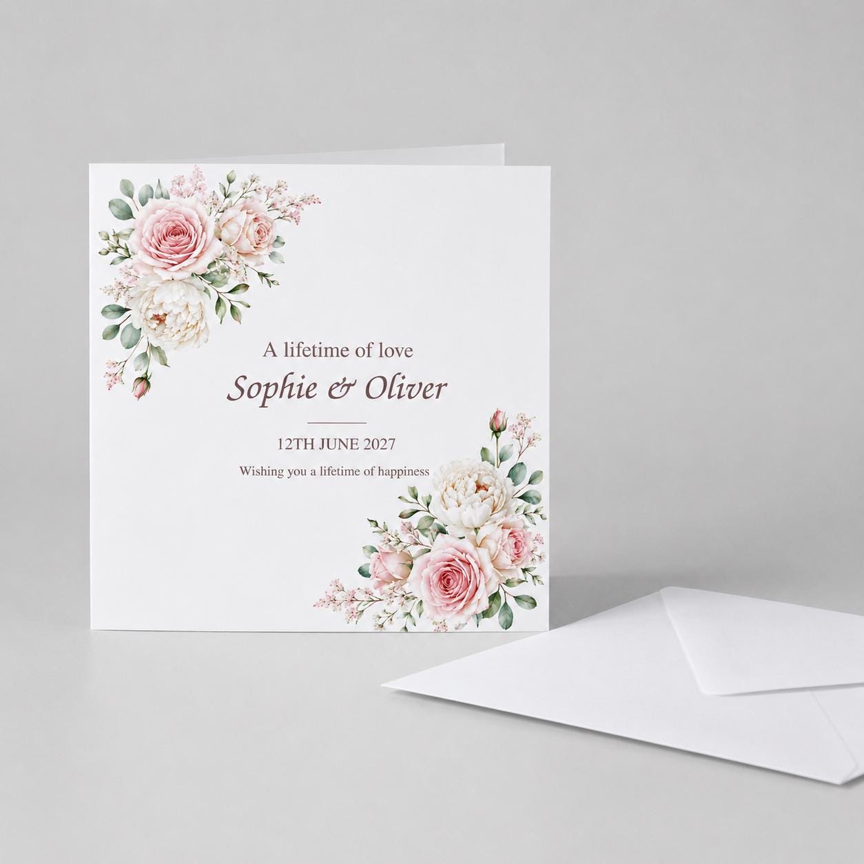 Personalised Wedding Card | Blush Pink Roses & Peonies | Names & Date - Image 9