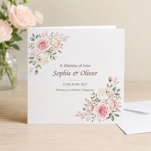 Personalised Wedding Card | Blush Pink Roses & Peonies | Names & Date