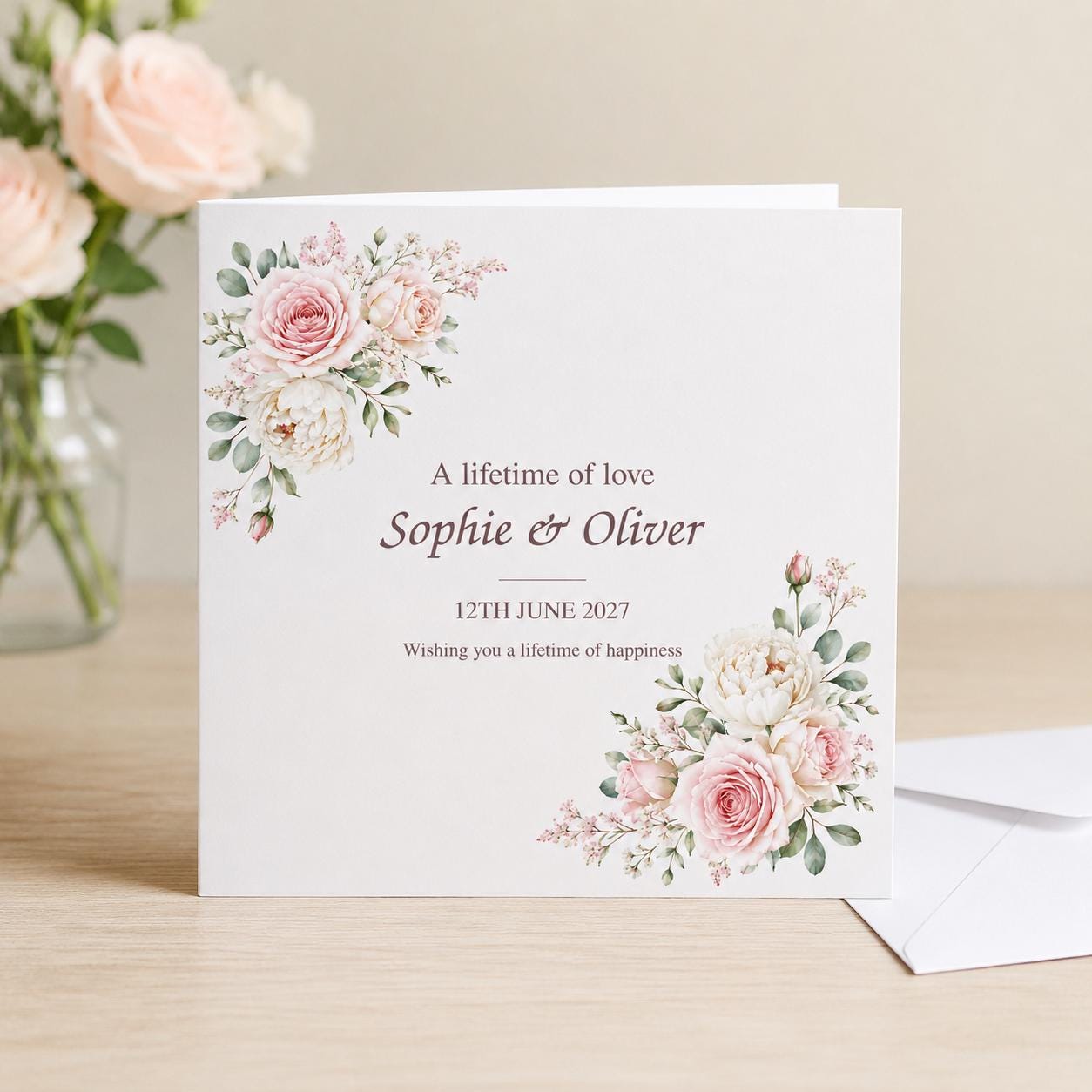 Personalised Wedding Card | Blush Pink Roses & Peonies | Names & Date