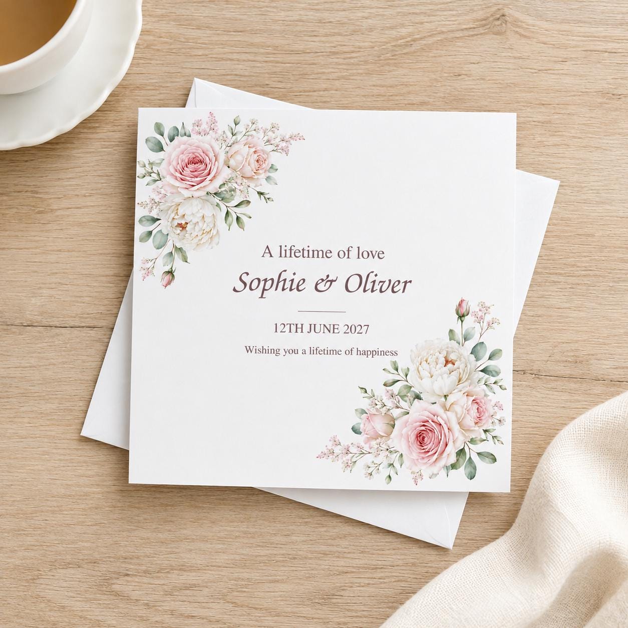 Personalised Wedding Card | Blush Pink Roses & Peonies | Names & Date - Image 4