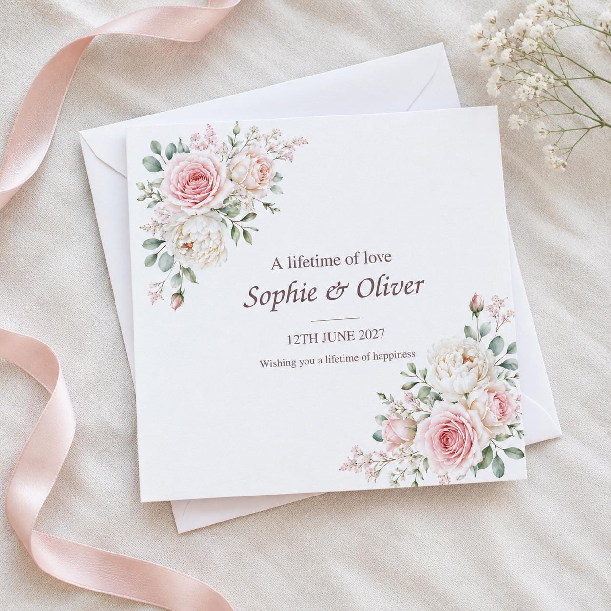 Personalised Wedding Card | Blush Pink Roses & Peonies | Names & Date - Image 10