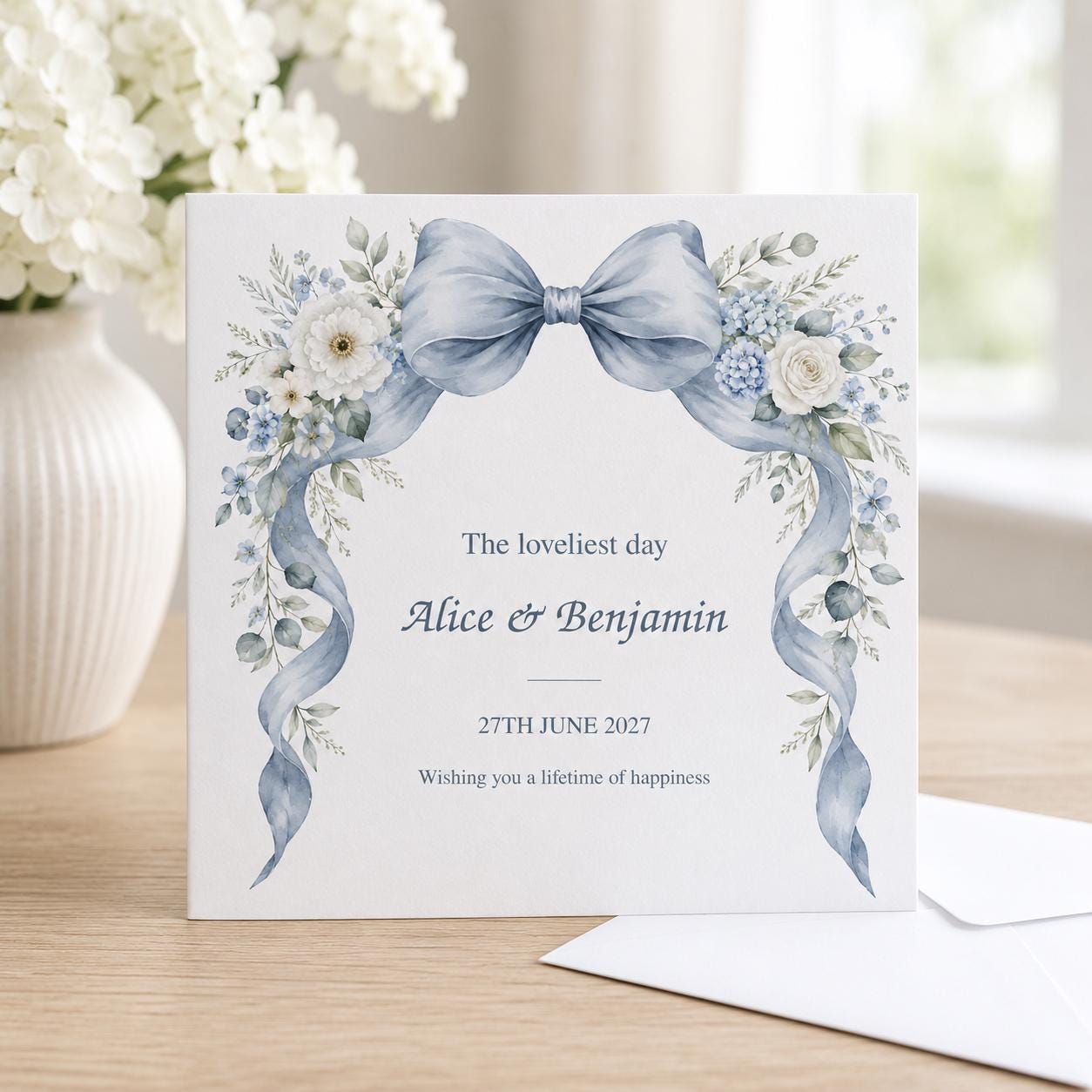 Personalised Wedding Card | Dusty Blue Bow & White Flowers | Names & Date - Image 2