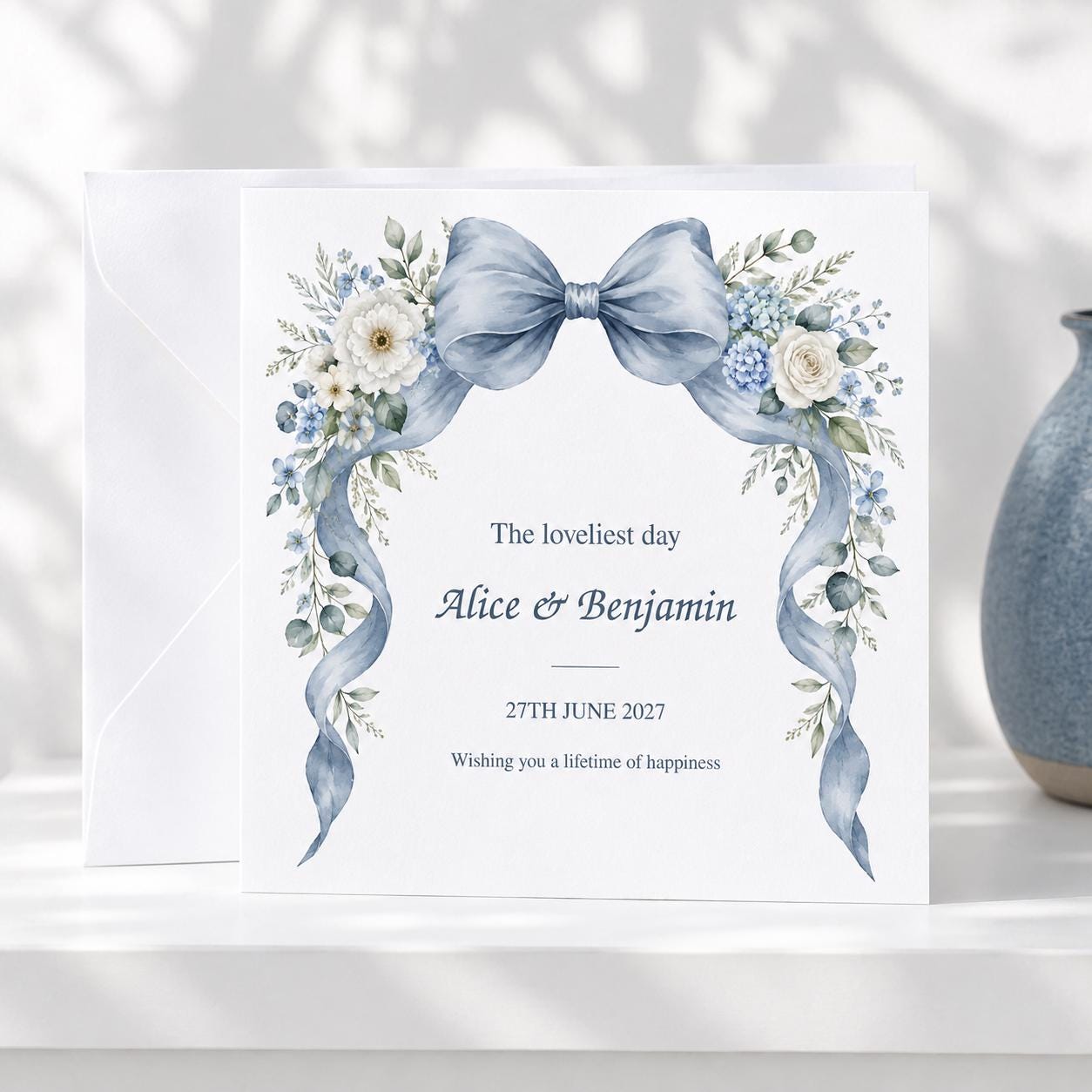 Personalised Wedding Card | Dusty Blue Bow & White Flowers | Names & Date - Image 10
