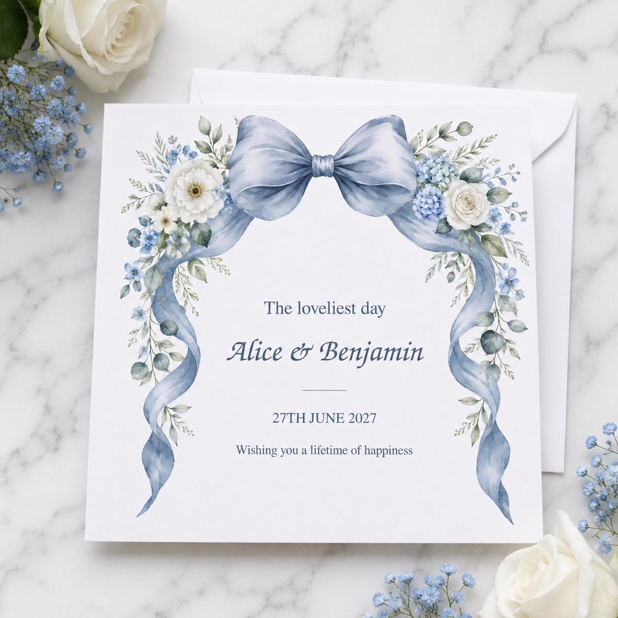 Personalised Wedding Card | Dusty Blue Bow & White Flowers | Names & Date - Image 9