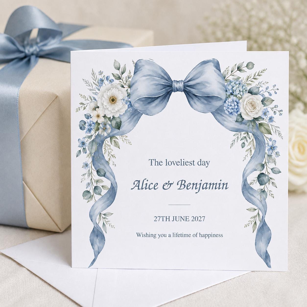 Personalised Wedding Card | Dusty Blue Bow & White Flowers | Names & Date