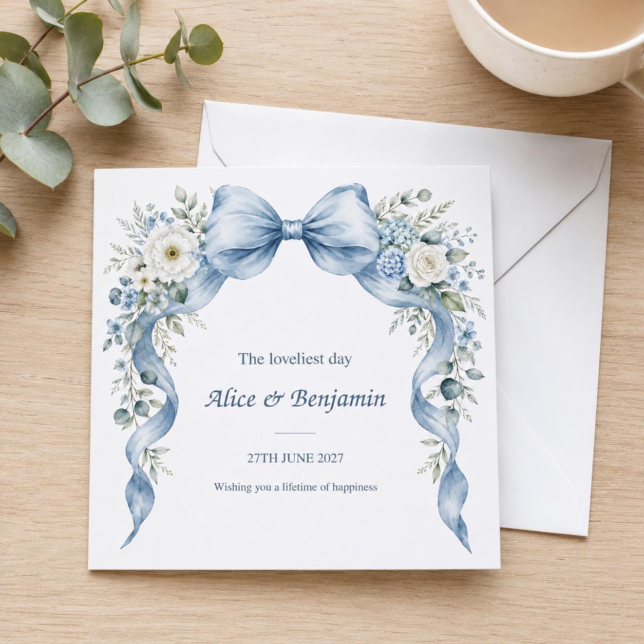 Personalised Wedding Card | Dusty Blue Bow & White Flowers | Names & Date - Image 5