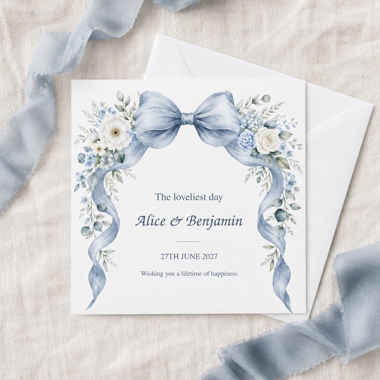 Personalised Wedding Card | Dusty Blue Bow & White Flowers | Names & Date - Image 3