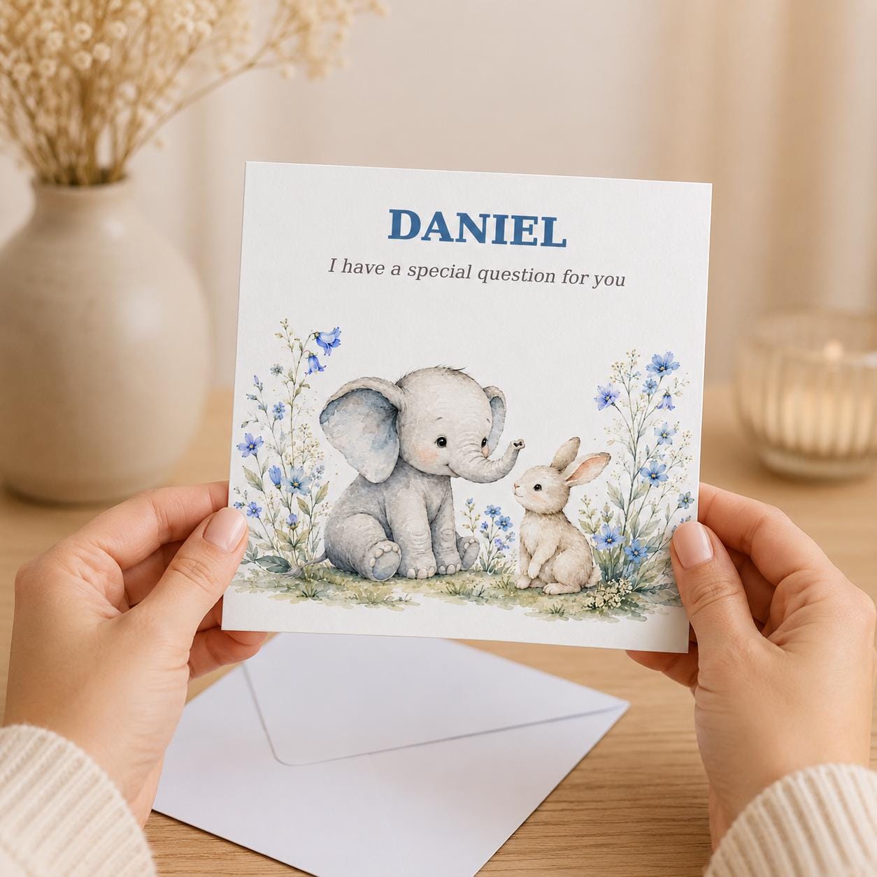 Personalised Godfather Proposal Card | Elephant & Bunny Blue Floral | Godfather & Baby Names - Image 3