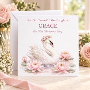 Personalised Christening Card for a Girl | Pink Swan | Name & Relation