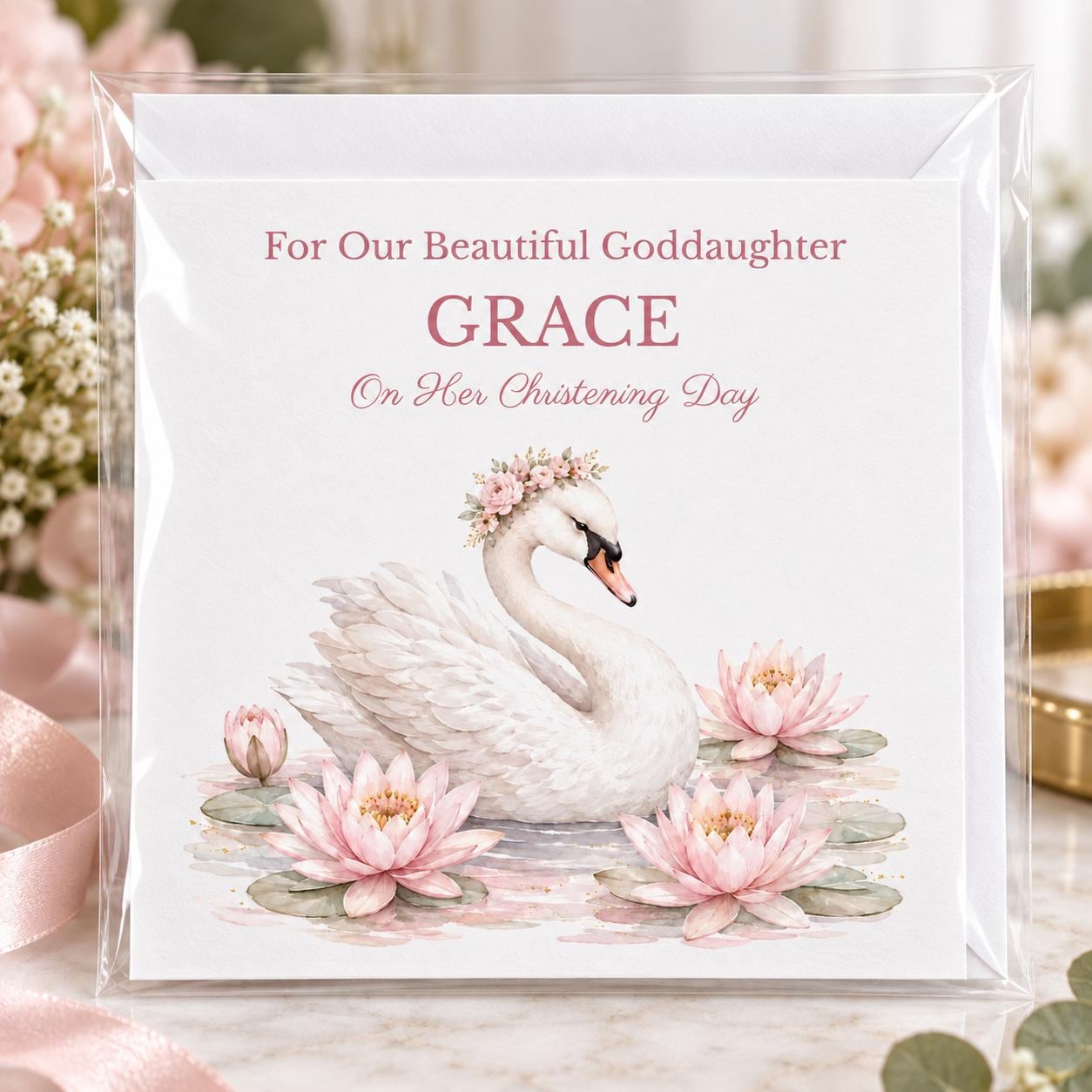 Personalised Christening Card for a Girl | Pink Swan | Name & Relation - Image 6